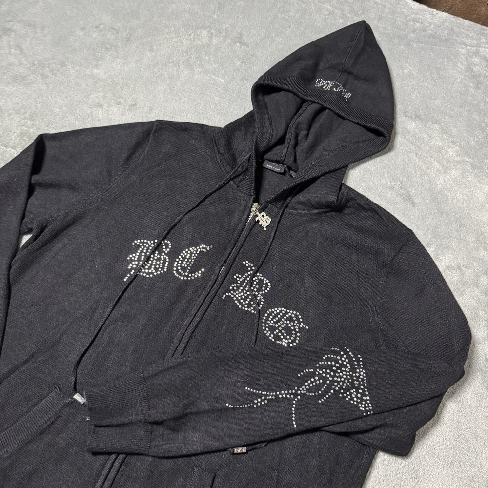 Y2k BCBG Maxazria Hooded Track Jacket Full Zip Rhinestone Logo Sz XL Black